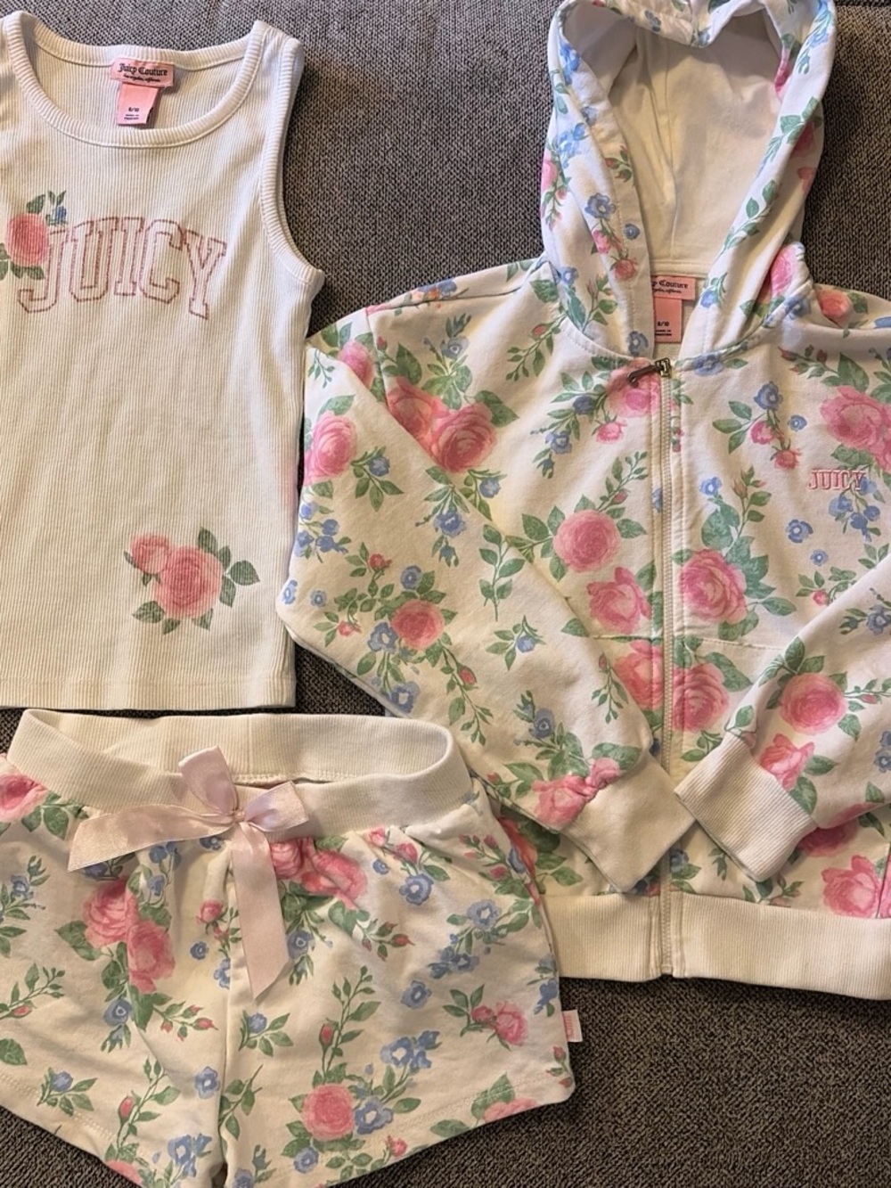 Juicy Couture Cream Floral Hoodie, Tank & Shorts Set